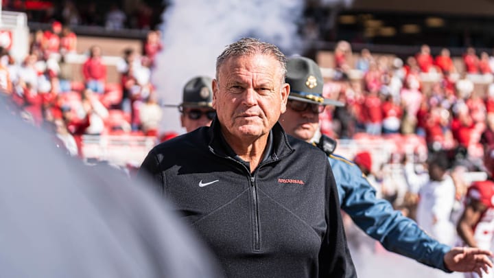 Arkansas Razorbacks coach Sam Pittman at game against the Texas Longhorns at Razorback Stadium in Fayetteville, Ark.