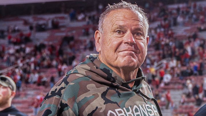 Arkansas Razorbacks coach Sam Pittman walking off the field after win over the Louisiana Tech Bulldogs at Razorback Stadium in Fayetteville, Ark.