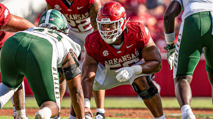 Arkansas Razorbacks offensive lineman Amaury Wiggins seeing action against the UAB Blazers at Razorback Stadium in Fayetteville, Ark.