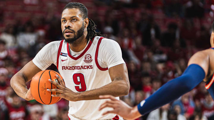 Arkansas Razorbacks forward Jonas Aidoo against the UT-San Antonio Road Runners at Bud Walton Arena in Fayetteville, Ark.