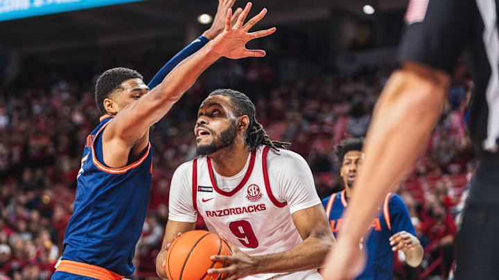 Arkansas Razorbacks forward Jonas Aidoo against the UT-San Antonio Road Runners at Bud Walton Arena in Fayetteville, Ark.
