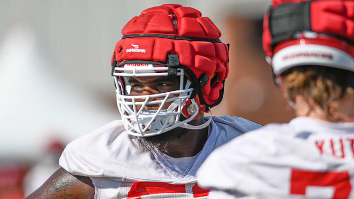 Arkansas Razorbacks offensive lineman Ty'Kiest Crawford during fall practices in Fayetteville, Ark.