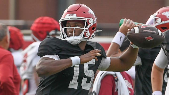 Arkansas Razorbacks backup quarterback KJ Jackson in fall practice skeleton drills on the outdoor practice fields in Fayetteville, Ark.