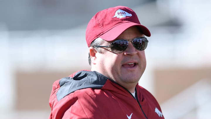 Arkansas Razorbacks tight ends coach Dowell Loggains during a spring practice in 2022 on the outdoor practice fields in Fayetteville, Ark.