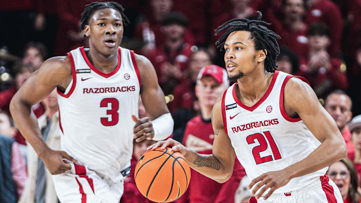 Arkansas Razorbacks Adou Thiero follows DJ Wagner up the floor in a loss to the Florida Gators at Bud Walton Arena in Fayetteville, Ark.