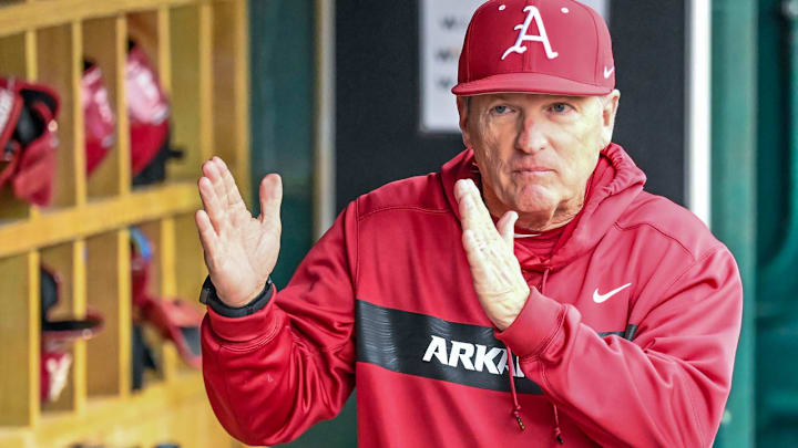 Arkansas Razorbacks coach Dave Van Horn in the dugout during a game with the San Jose State Spartans at Baum-Walker Stadium in Fayetteville, Ark.
