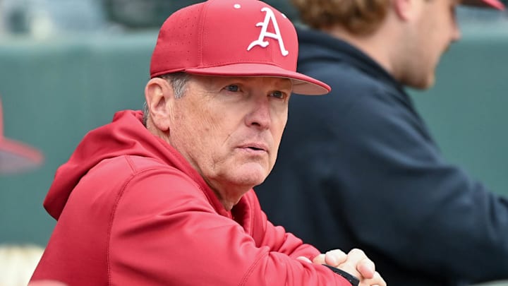 Arkansas Razorbacks coach Dave Van Horn in the dugout during a game with the San Jose State Spartans at Baum-Walker Stadium in Fayetteville, Ark.