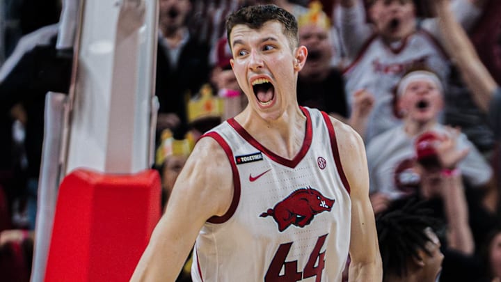 Arkansas Razorbacks forward Zvonimir Ivisic reacts during a run in the second half to cut a 20-point lead by the Alabama Crimson Tide to 3 late.