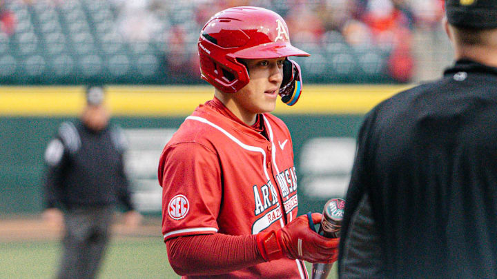 Arkansas Razorbacks outfielder Kuhio Aloy comes to the plate against Washington State on Friday afternoon in the second game of a doubleheader.