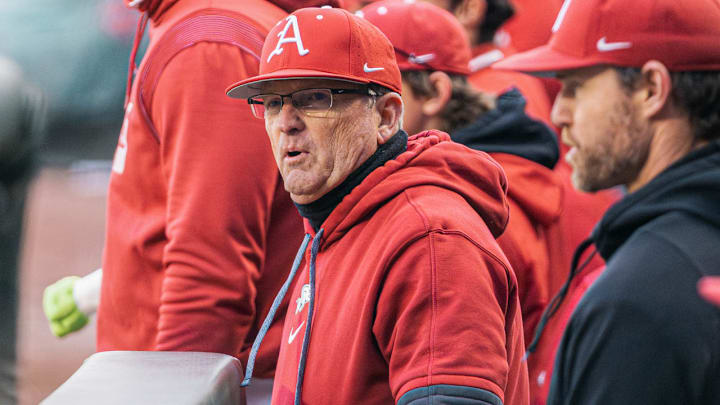 Arkansas Razorbacks coach Dave Van Horn in the dugout against Washington State on Friday afternoon in the second game of a doubleheader.