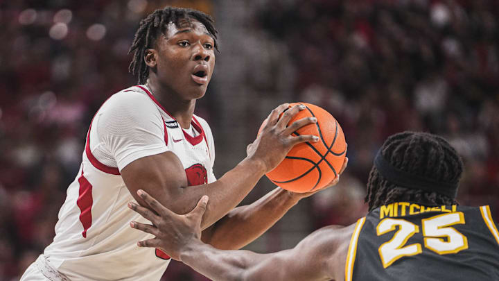 Arkansas Razorbacks forward Adou Thiero against the Missouri Tigers at Bud Walton Arena in Fayetteville, Ark.