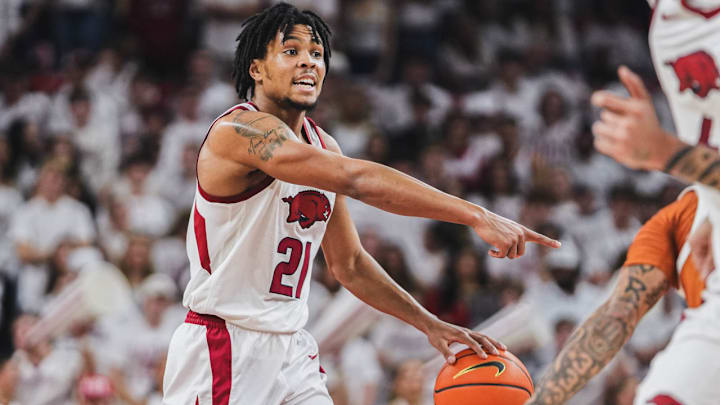 Arkansas Razorbacks guard DJ Wagner directs the offense against the Texas Longhorns at Bud Walton Arena in Fayetteville, Ark. Arkansas Razorbacks guard DJ Wagner directs the offense against the Texas Longhorns at Bud Walton Arena in Fayetteville, Ark.
