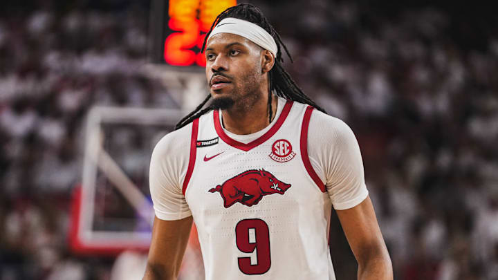 Arkansas Razorbacks forward Jonas Aidoo against the Texas Longhorns at Bud Walton Arena in Fayetteville, Ark.