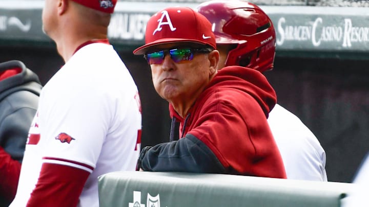 Arkansas Razorbacks coach Dave Van Horn in the dugout in a game against Louisiana-Monroe at Baum-Walker Stadium in Fayetteville, Ark.