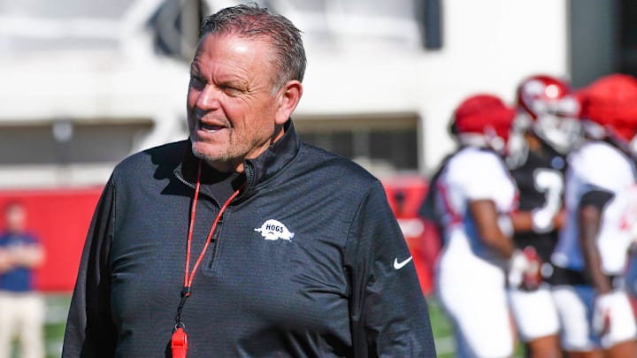 Arkansas Razorbacks coach Sam Pittman at spring practice on the outdoor practice fields in Fayetteville, Ark.