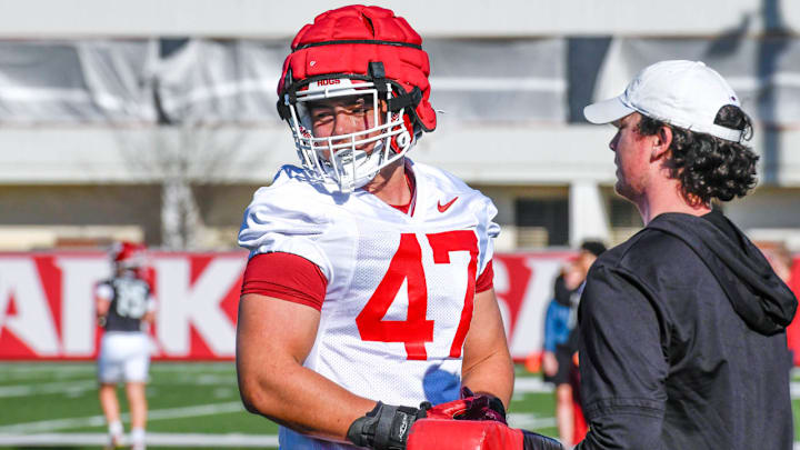 Arkansas Razorbacks tight end Maddox Lassiter at spring practice on outdoor practice fields in Fayetteville, Ark. Arkansas Razorbacks tight end Maddox Lassiter at spring practice on outdoor practice fields in Fayetteville, Ark.