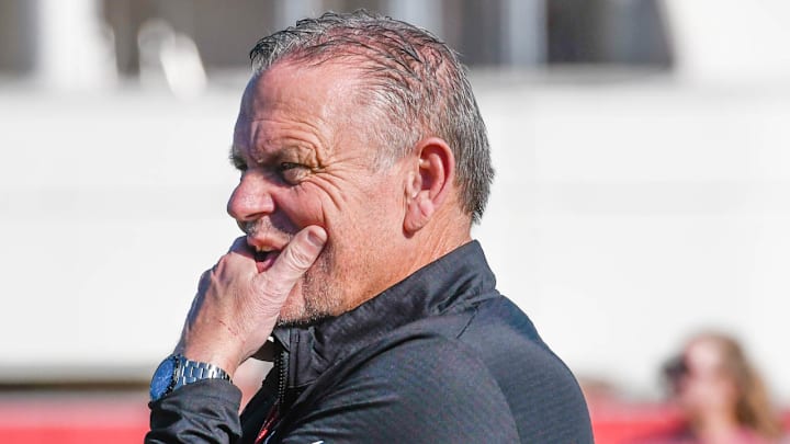 Arkansas Razorbacks coach Sam Pittman at spring practice on the outdoor practice fields in Fayetteville, Ark.