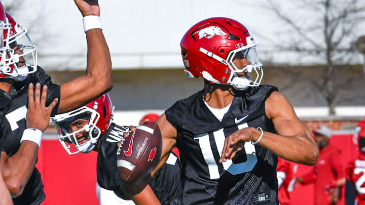Arkansas Razorbacks quarterback Taylen Green at spring practice on outdoor practice fields in Fayetteville, Ark.