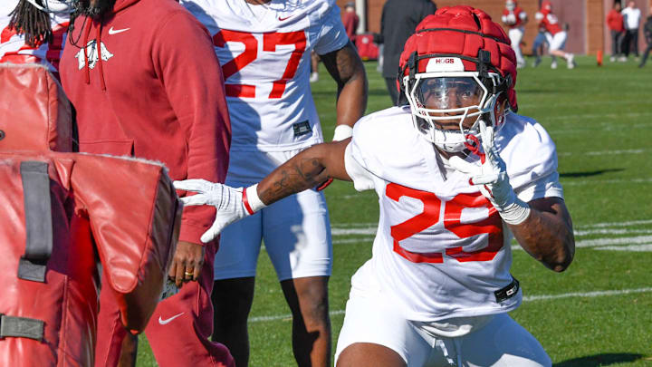 Arkansas Razorbacks running back Tyrell Reed at spring practice on outdoor practice fields in Fayetteville, Ark.