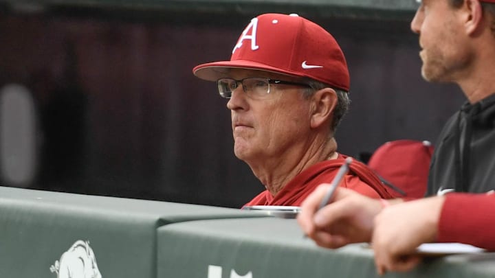 Arkansas Razorbacks coach Dave Van Horn in the dugout against Oral Roberts at Baum-Walker Stadium in Fayetteville, Ark.