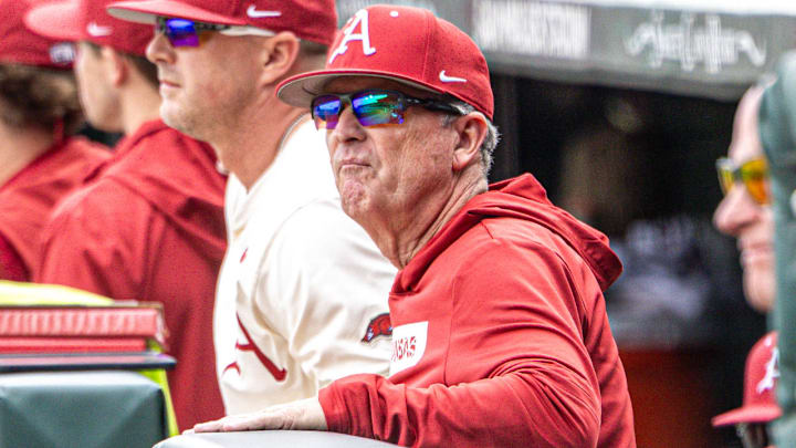 Arkansas Razorbacks coach Dave Van Horn in the dugout during game with the South Carolina Gamecocks at Baum-Walker Stadium in Fayetteville, Ark.