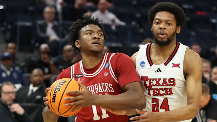 Arkansas Razorbacks guard Karter Knox drives for a layup against the Texas Tech Red Raiders in the Sweet 16.