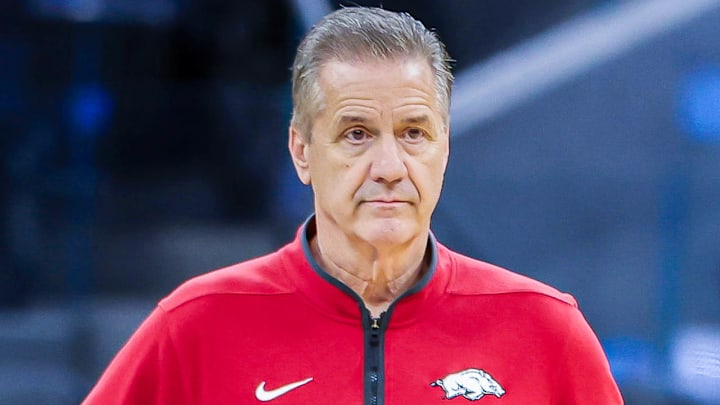 Arkansas Razorbacks coach John Calipari on the floor at the Chase Center in San Francisco during practice for a Sweet 16 NCAA Tournament game against the Texas Tech Red Raiders.