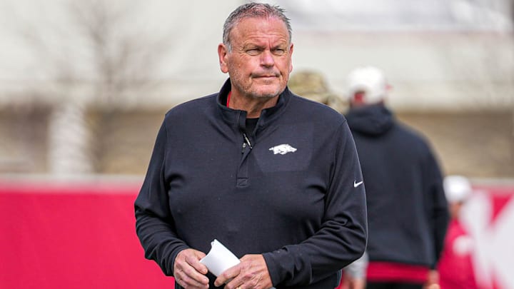 Arkansas Razorbacks coach Sam Pittman during spring practice drills on the outdoor fields in Fayetteville, Ark. Arkansas Razorbacks coach Sam Pittman during spring practice drills on the outdoor fields in Fayetteville, Ark.