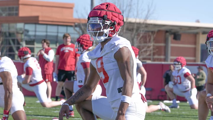 Arkansas Razorbacks wide receiver O'Mega Blake loosening up before a spring practice on the outdoor fields in Fayetteville, Ark. Arkansas Razorbacks wide receiver O'Mega Blake loosening up before a spring practice on the outdoor fields in Fayetteville, Ark.