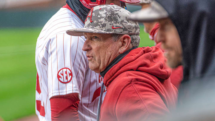 Arkansas Razorbacks coach Dave Van Horn in the dugout against the Missouri Tigers at Baum-Walker Stadium in Fayetteville, Ark.