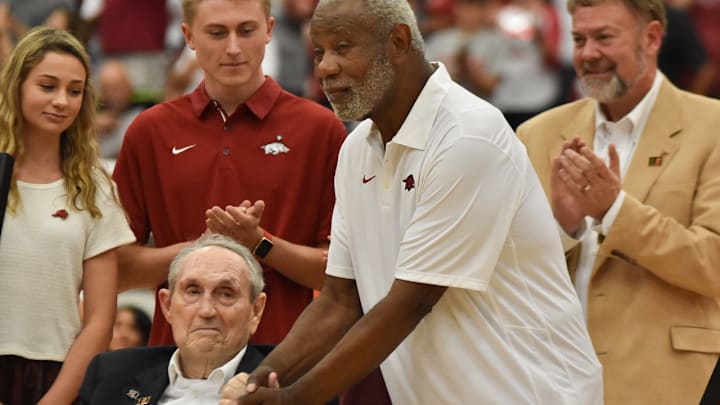 Former Arkansas Razorback coaches Eddie Sutton and Nolan Richardson before ceremony putting Richardson's name on the court at Bud Walton Arena in Fayetteville, Ark.