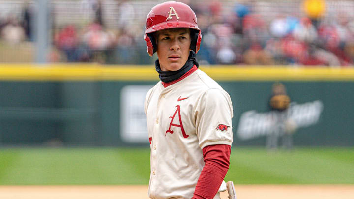 Arkansas Razorbacks' Nick Souza against the Missouri Tigers at Baum-Walker Stadium in Fayetteville, Ark.