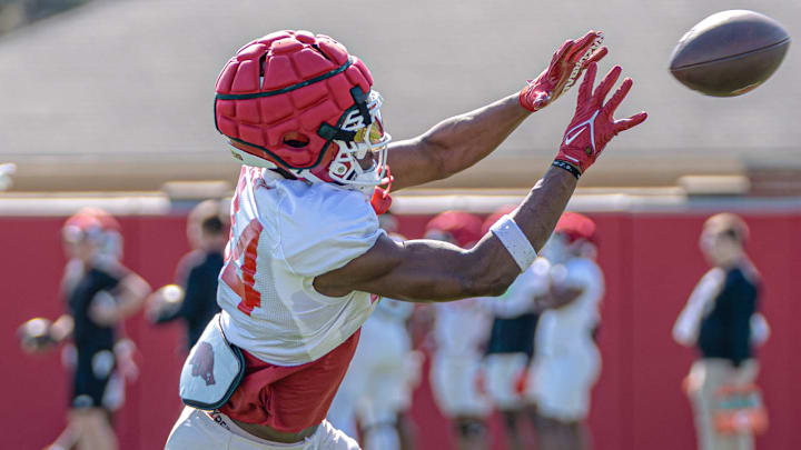 Arkansas Razorbacks wide receiver Ismael Cisse makes a catch in spring practice drills on the outdoor fields in Fayetteville, Ark.