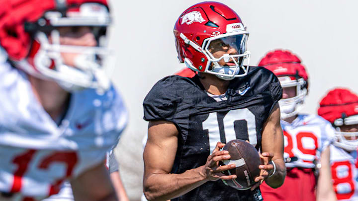 Arkansas Razorbacks quarterback Taylen Green during spring practice drills on the outdoor fields in Fayetteville, Ark.