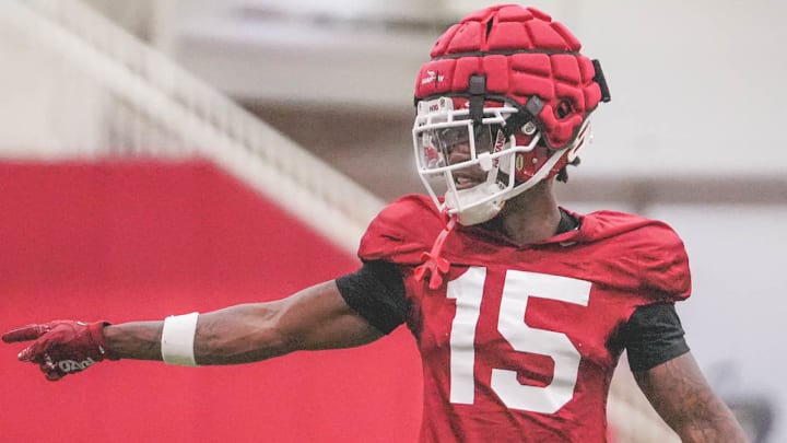 Arkansas Razorbacks defensive back Jaheim Singletary during drills at spring practice inside Razorback Stadium.