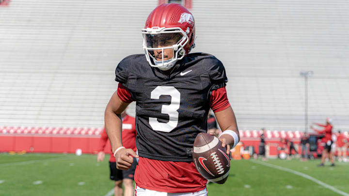 Arkansas Razorbacks quarterback Madden Iamaleava during spring practice drills inside Razorback Stadium in Fayetteville, Ark.