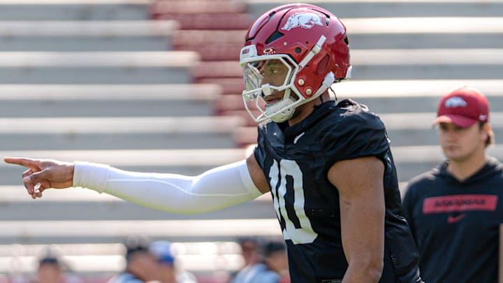 Arkansas Razorbacks quarterback Taylen Green during spring practice drills inside Razorback Stadium in Fayetteville, Ark.