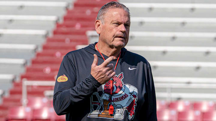 Arkansas Razorbacks coach Sam Pittman during spring practice drills inside Razorback Stadium in Fayetteville, Ark.