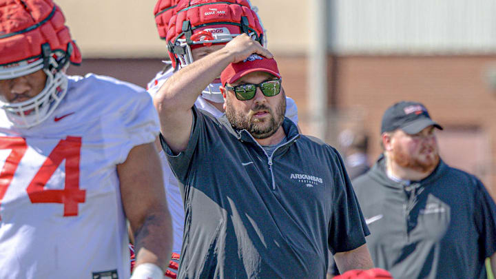 Arkansas Razorbacks tight ends coach Morgan Turner during spring practice drills on the outdoor fields in Fayetteville, Ark.