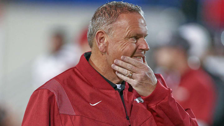 Arkansas Razorbacks coach Sam Pittman looks on during warm ups prior to the game against the Texas Tech Red Raiders at Simmons Bank Liberty Stadium.