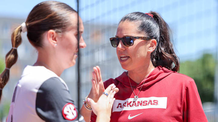 Arkansas Razorbacks coach Courtney Deifel during Saturday's game with the Oklahoma State Cowboys in the Fayetteville Regional at Bogle Park.