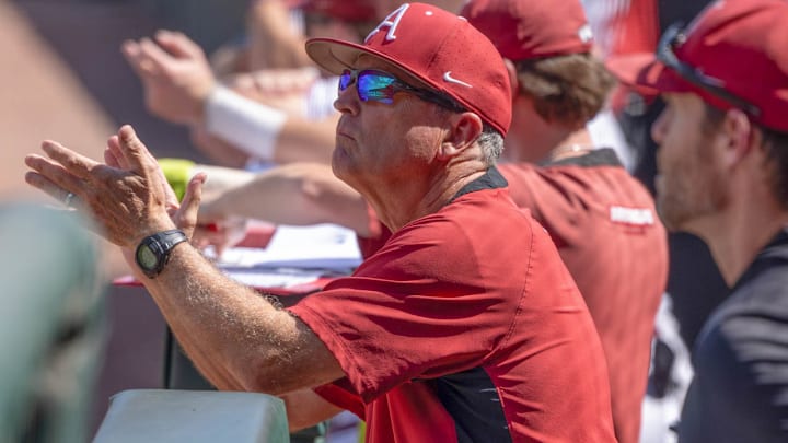 Arkansas Razorbacks coach Dave Van Horn in dugout of NCAA Regional against the North Dakota State Bison at Baum-Walker Stadium in Fayetteville, Ark. Arkansas Razorbacks coach Dave Van Horn in dugout of NCAA Regional against the North Dakota State Bison at Baum-Walker Stadium in Fayetteville, Ark.