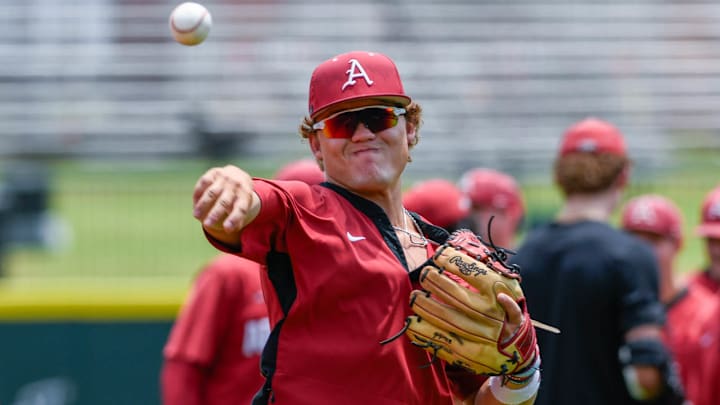 Arkansas Razorbacks infielder Cam Kozeal during practice for the Super Regional against the Tennessee Volunteers on Friday afternoon at Baum-Walker Stadium in Fayetteville, Ark. Arkansas Razorbacks infielder Cam Kozeal during practice for the Super Regional against the Tennessee Volunteers on Friday afternoon at Baum-Walker Stadium in Fayetteville, Ark.