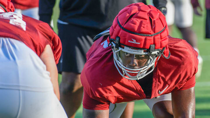 Arkansas Razorbacks defensive lineman Quincy Rhodes during spring practice drills on the outdoor fields in Fayetteville, Ark.