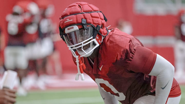 Arkansas Razorbacks' defensive lineman Justus Boone during drills at the team's first fall practice in Fayetteville, Ark. Arkansas Razorbacks' defensive lineman Justus Boone during drills at the team's first fall practice in Fayetteville, Ark.
