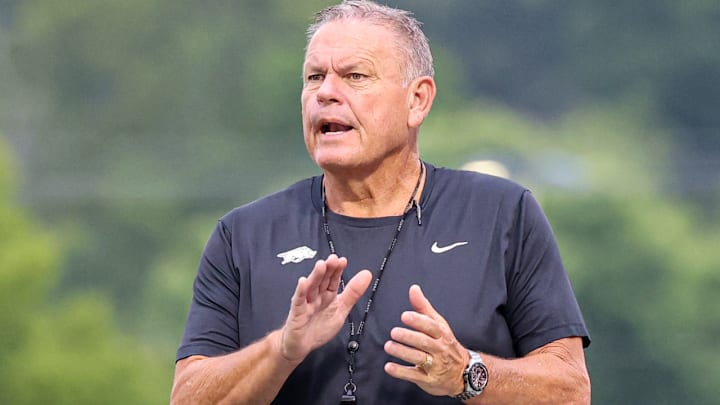 Arkansas Razorbacks' coach Sam Pittman during drills at the team's first fall practice in Fayetteville, Ark.