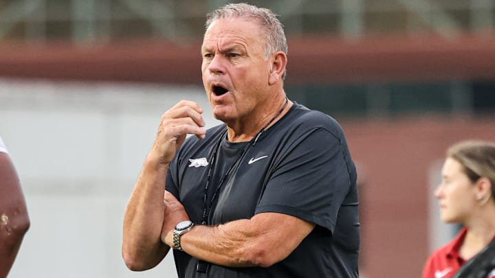 Arkansas Razorback coach Sam Pittman during practice on the outdoor fields in Fayetteville, Ark. Arkansas Razorback coach Sam Pittman during practice on the outdoor fields in Fayetteville, Ark.