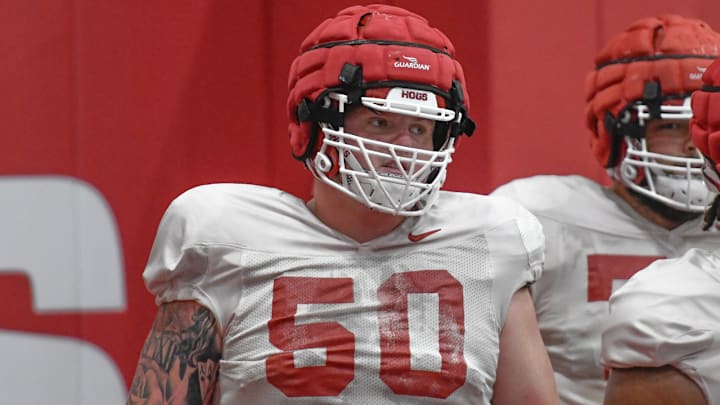 Arkansas Razorbacks offensive lineman Kobe Branham during fall camp on the indoor practice field in Fayetteville, Ark.