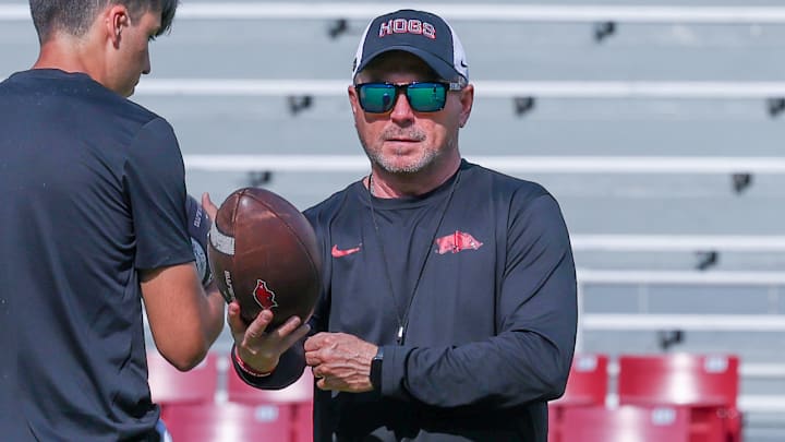 Arkansas Razorbacks special teams coach Scott Fountain during practices inside Razorback Stadium in Fayetteville, Ark.