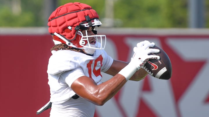 Arkansas Razorbacks wide receiver Antonio Jordan makes a catch during fall camp practices on the outdoor practice fields in Fayetteville, Ark. Arkansas Razorbacks wide receiver Antonio Jordan makes a catch during fall camp practices on the outdoor practice fields in Fayetteville, Ark.